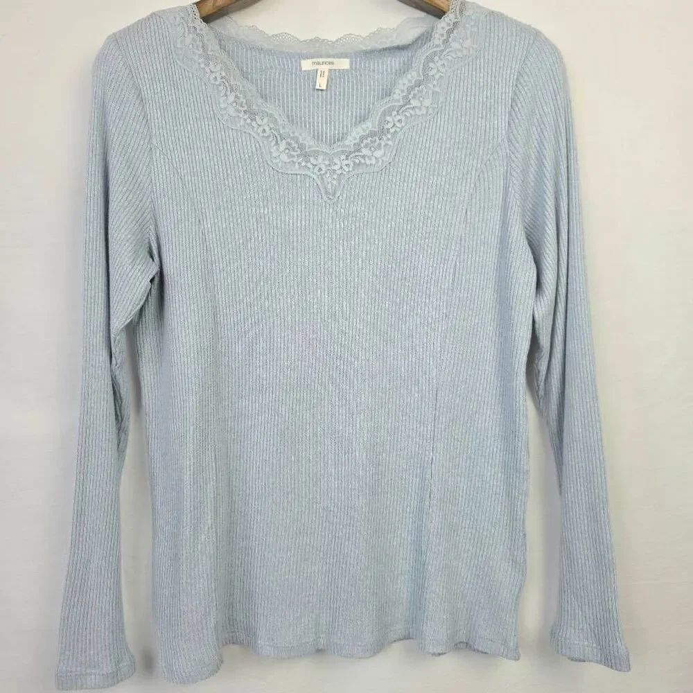 Maurices Lace Trim Rib Knit Top Large Light Blue - Picture 2 of 9